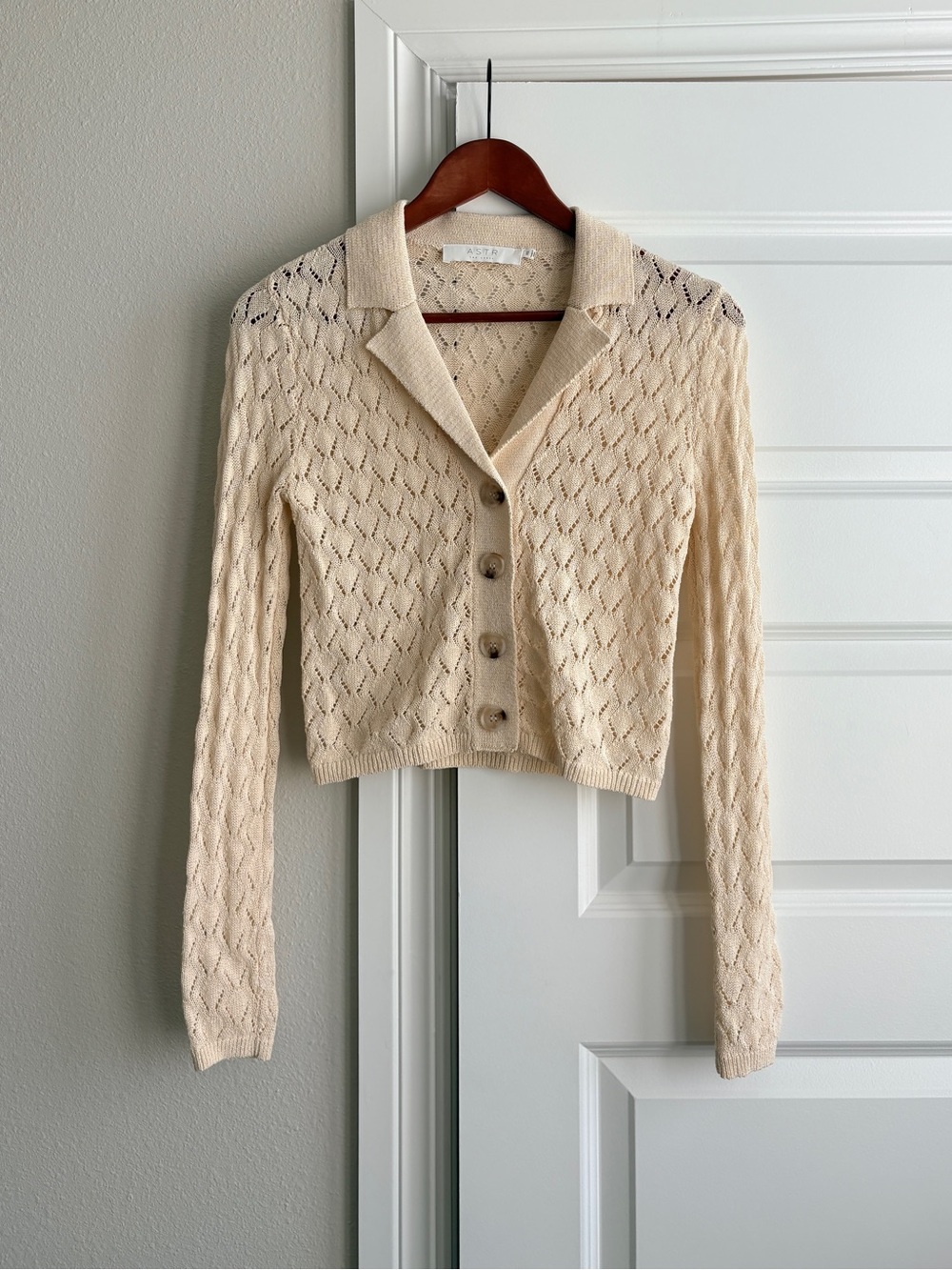 ASTR The Label Pointelle Knit Collared Cardigan Natural XS beige cream